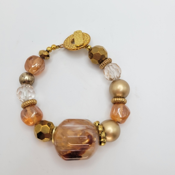 Jewelry - Acrylic Glass Metal Beads Caramel Goldtone Bracelet